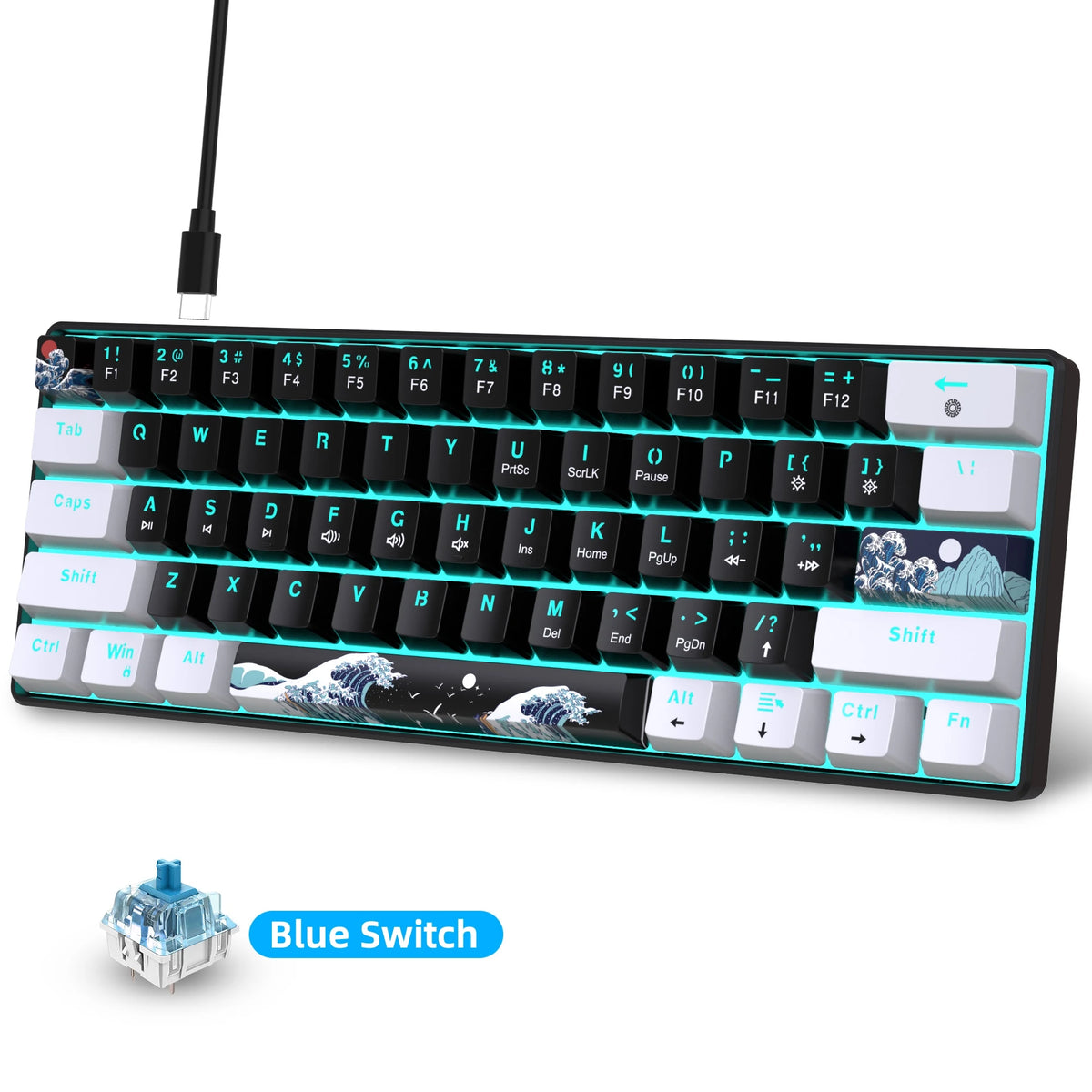 60% Mechanical Keyboard, Gaming Keyboard With Blue Switches And Sea Blue Backlit Small Compact