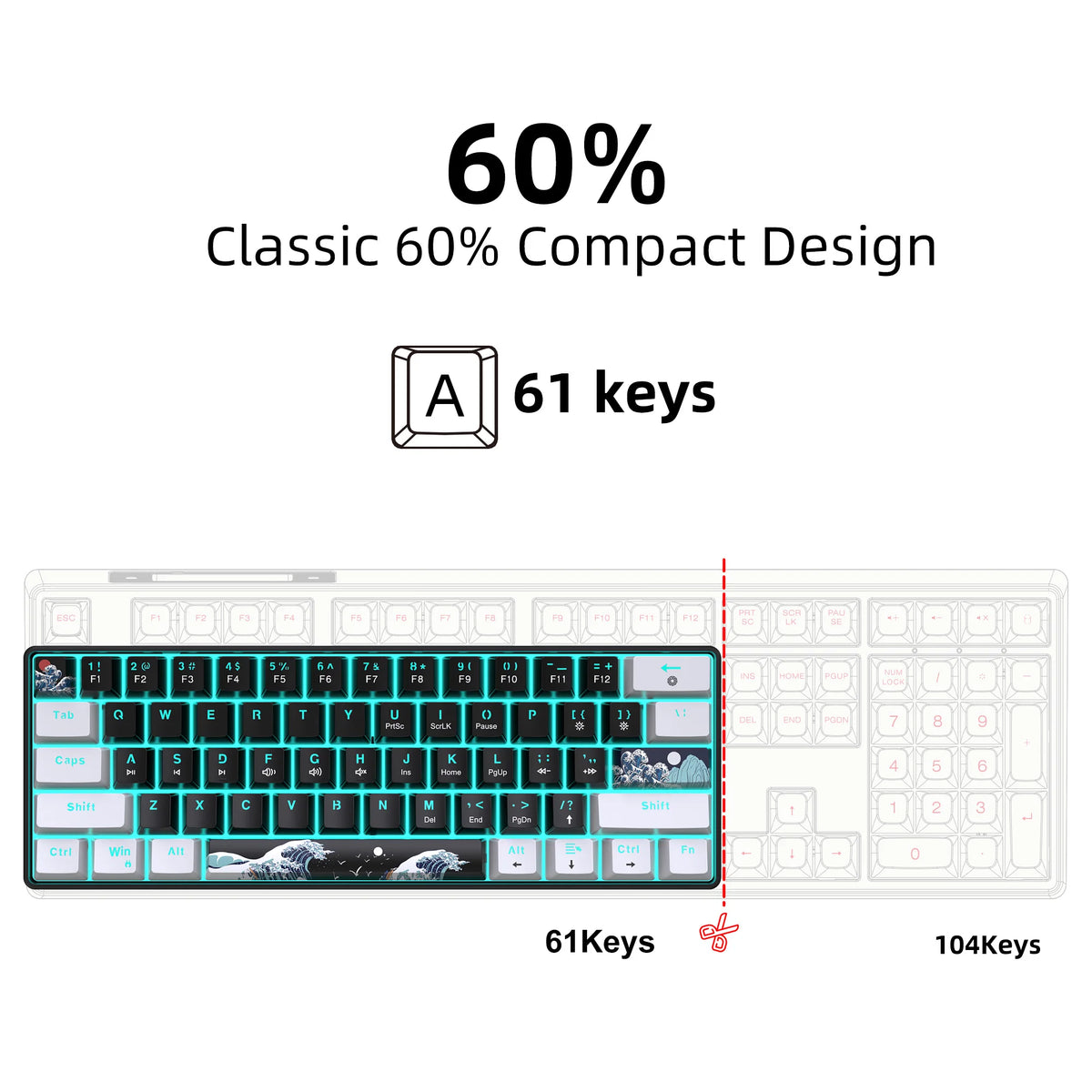 60% Mechanical Keyboard, Gaming Keyboard With Blue Switches And Sea Blue Backlit Small Compact