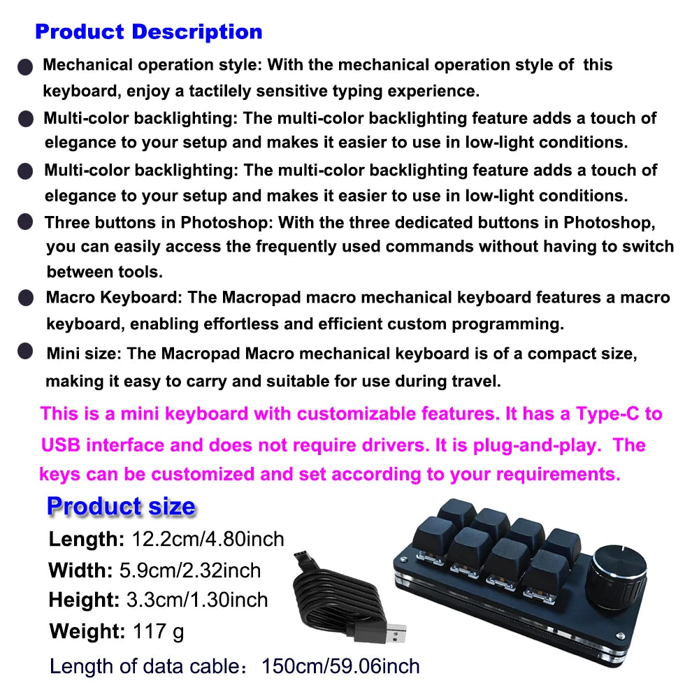 8-Key Multi-Functional Editing Keyboard Suitable for Office Design, Game Media, and Industrial Control Production Line Operation